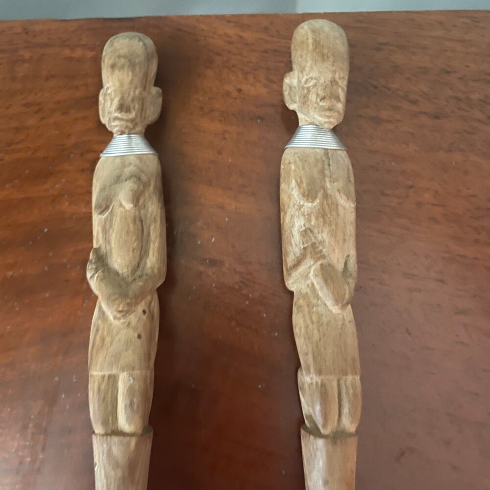 Vintage Hand Carved Wood Salad Serving Fork & Spoon Set